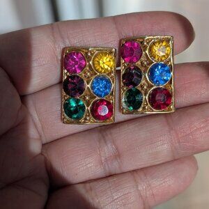 Cute & Pretty Huggie  Gold Tone Vintage Multicolored Rhinestones Earrings.